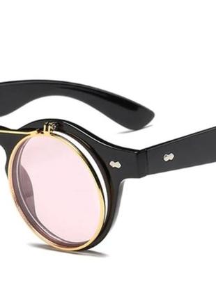 2в1 очки солнцезащитные+имиджевые круглые панк двойной флип коричневый6 фото