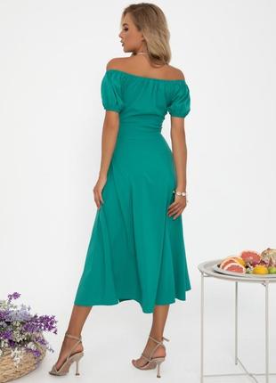 Шикарное расклешенное женское платье миди летнее платье с рукавами фонариками зеленое платье клеш платье-клеш платье с открытыми плечами4 фото