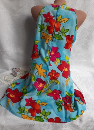 Платье сарафан открытые плечи короткое штапельное цветы яркое трапеция сукня3 фото