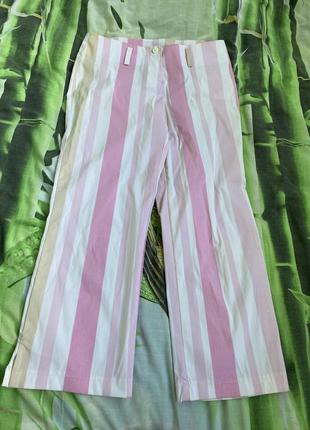 Fervente штани брюки легкі літні жіночі ніжні в полоску смужку полосаті смужчаті на середній посадці укорочені білі рожеві