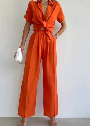 Оранжевый льняной костюм жатка рубашка свободного кроя на короткий рукав и брюки штаны на высокой посадке с карманами прямые стильный трендовый яркий2 фото