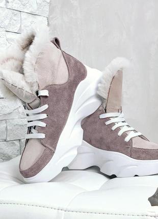 Зимние ботинки женские на высокой подошве натуральная замша кожа цвет пудра gloria de luxe6 фото