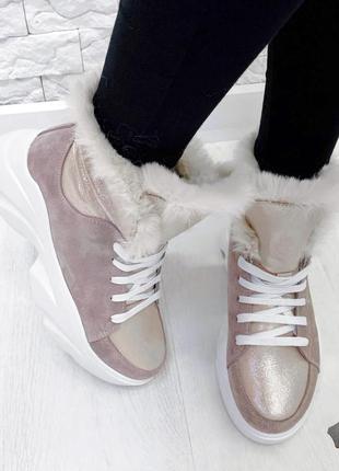 Зимние ботинки женские на высокой подошве натуральная замша кожа цвет пудра gloria de luxe2 фото