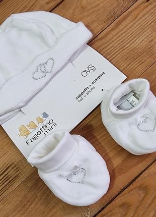 Велюровый комплект для новорожденной девочки, шапочка и пинетки, цвет белый1 фото