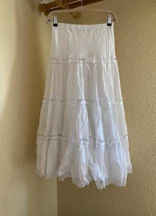 Белая льняная юбка, пояс на резинке3 фото