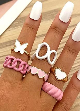 Набор колец 6шт розовые белые кольца бабочка сердце цепь, набір каблучок кільця