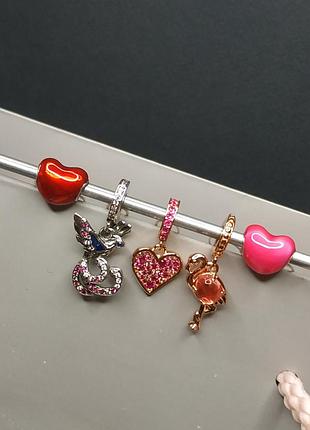 Набор шармы пандора серебро 925 проба цирконий ale пломба бирка эмаль объёмное сердце фламинго птица феникс розовое золото сердце стекло мурано камни