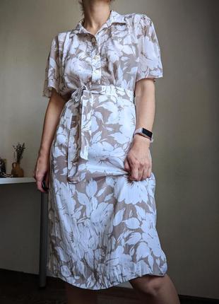 Платье прямое с поясом рубашка шифоновое белое италия бежевое миди m l xl