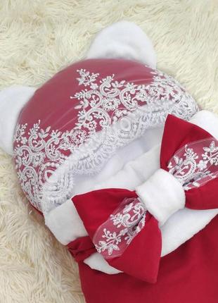 Ошатний спальник з плащової тканини на махре для новонароджених дівчаток, червоний2 фото