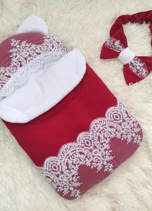 Ошатний спальник з плащової тканини на махре для новонароджених дівчаток, червоний3 фото