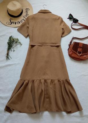 Песочное миди платье с оборкой. платье миди из лиоцелла4 фото