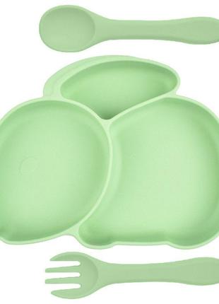 Тарелка силиконовая секционная на присоске с приборами зайчик светло-зелёная tsz2-y03