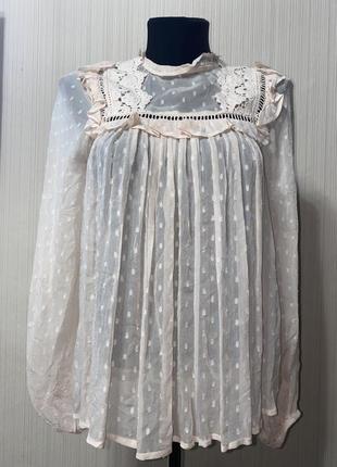 Блуза бежевая персиковая в горох с воротником винтаж ретро