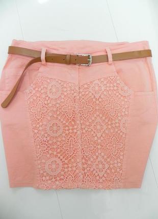 Спідниця міні колір персиковий, стрейчева спідничка з ремінцем. ошатна.