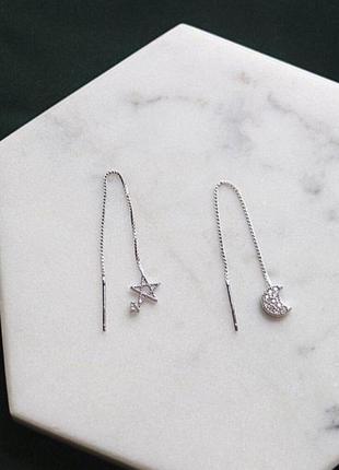 Сережки-протяжки місяць+зірка з камінням, сережки ниточки різної довжини, срібне покриття 925 проби