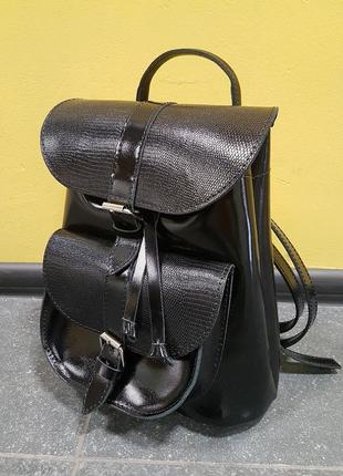 Рюкзак жіночий натуральна шкіра чорний глянець з рептилією1 фото