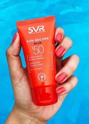 Svr sun secure blur  spf50+ крем мус для чутливої до сонця шкіри обличчя