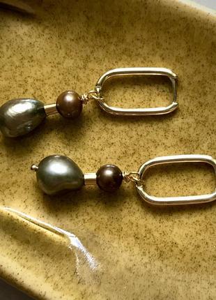 Сережки конго овал позолота з підвіскою перлів3 фото