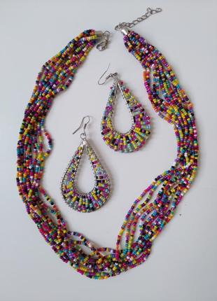 Набор: ожерелье и серьги капельки из разноцветного бисера