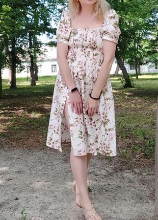Льняна літня сукня міді платье квітковий принт