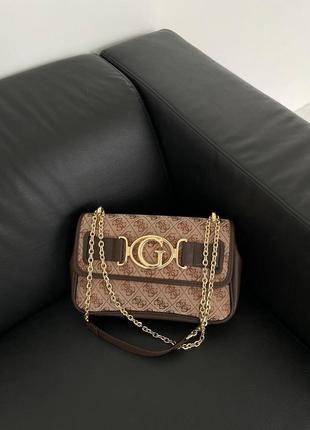 Guess aileen brown розкішна коричнева жіноча брендова сумочка з золотим ланцюжком коричневая шикарная сумка с золотистой цепочкой6 фото