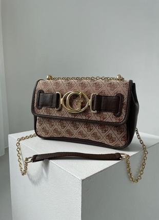 Guess aileen brown розкішна коричнева жіноча брендова сумочка з золотим ланцюжком коричневая шикарная сумка с золотистой цепочкой