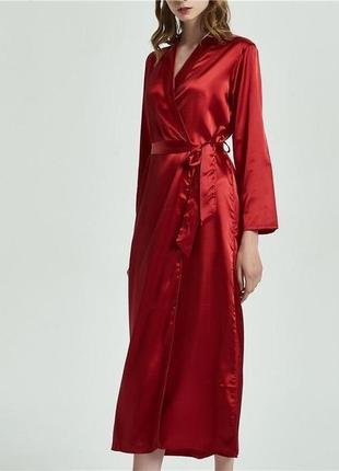 Сатиновий халат в пол, червоний пеньюар на запах,  сатиновый пеньюар с кружевом, длинный халат легкий