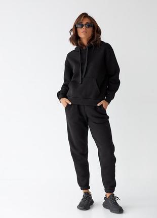 Чёрный женский спортивный костюм штаны на высокой посадке с карманами на резинке и кофта худи качественный турция на флисе