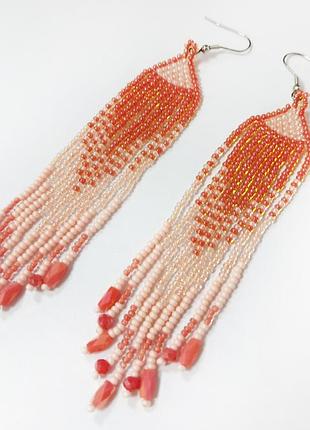 Длинные серьги из бисера ручная работа коралловые персиковые пудровые