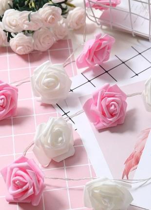Гірлянда троянди рози квіти 20 лампочок на 3м на батарейках рожево-білі9 фото
