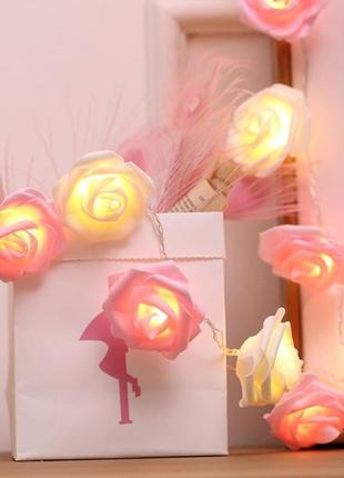 Гірлянда троянди рози квіти 20 лампочок на 3м на батарейках рожево-білі7 фото
