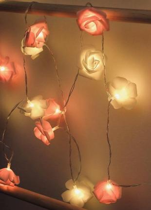 Гірлянда троянди рози квіти 20 лампочок на 3м на батарейках рожево-білі3 фото