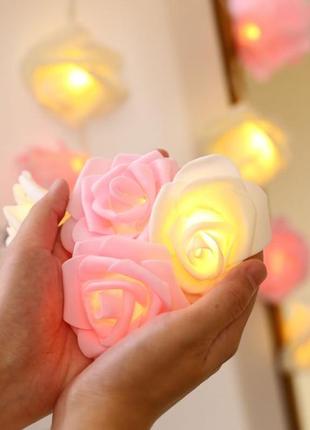 Гірлянда троянди рози квіти 20 лампочок на 3м на батарейках рожево-білі4 фото