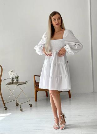 Плаття довге лляне літній міді міді плаття біле бавовна, льон сукня довгий рукав квадратний вирез1 фото