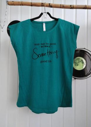 Женская футболка свободного прямого кроя хлопок 100% удлиненная зеленая майка с принтом