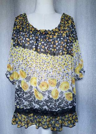 Шикарная яркая женская шифоновая блуза 54-56р.летняя блуза с кружевом мелкий цветок