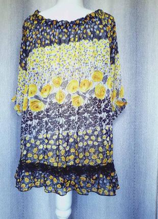 Шикарная  легкая шифоновая женская  блузка, блуза с кружевом. объемный рукав. мелкий цветок2 фото