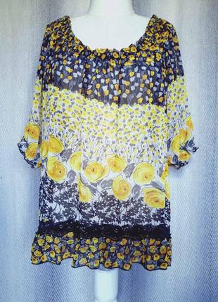 Шикарная  легкая шифоновая женская  блузка, блуза с кружевом. объемный рукав. мелкий цветок