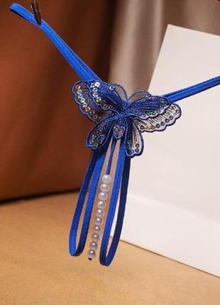 Эротические трусики синие женские с разрезом и жемчугом - размер универсальный (на резинке)1 фото