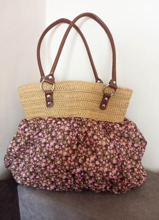 Женская большая сумка шопер в цветочек плетёная текстильная сумочка тканевая летняя пляжная соломка