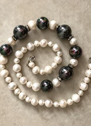 Намисто, намисто з натурального прісноводних перлів і сірої майорки (shell peаrl)1 фото