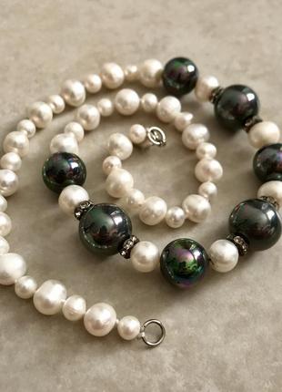 Намисто, намисто з натурального прісноводних перлів і сірої майорки (shell peаrl)2 фото