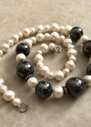 Намисто, намисто з натурального прісноводних перлів і сірої майорки (shell peаrl)3 фото