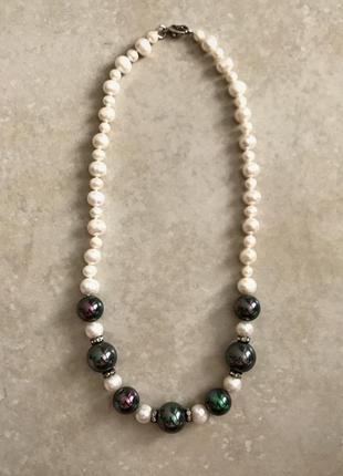 Намисто, намисто з натурального прісноводних перлів і сірої майорки (shell peаrl)7 фото