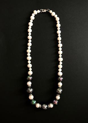 Намисто, намисто з натурального прісноводних перлів і сірої майорки (shell peаrl)10 фото