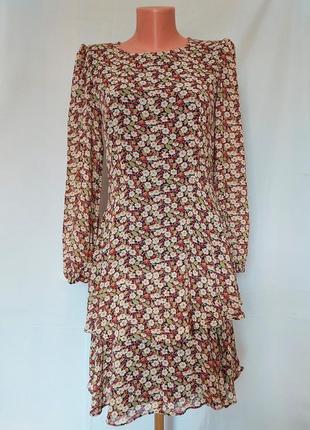Шифоновое платьев бежевый цветочный принт esprit(размер 38)6 фото