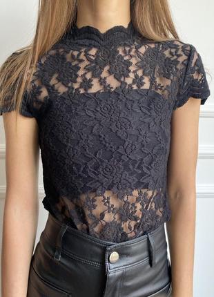 Черная кружевная блуза zara (h&m, massimo dutti)2 фото