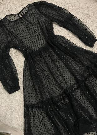 Трендова ярусна чорна довга сукня в горошок сітка оверсайз  від бренду h&m2 фото
