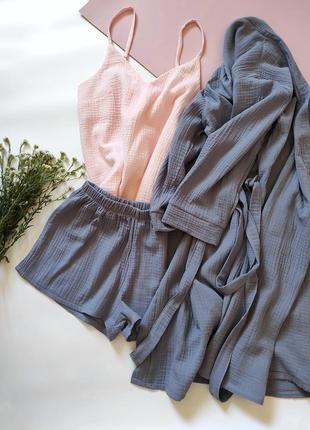 Пижама из мягкого муслина розовая с серым2 фото