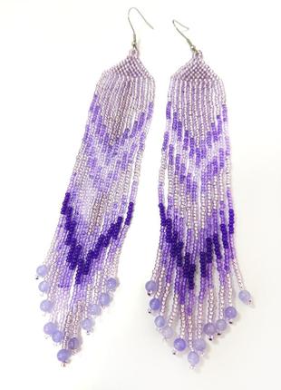Довгі лавандові фіолетові бузкові сережки сережки бісер, ручна робота4 фото
